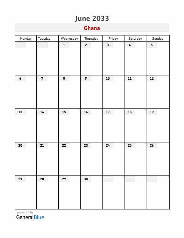 Ghana June 2033 Calendar with Holidays