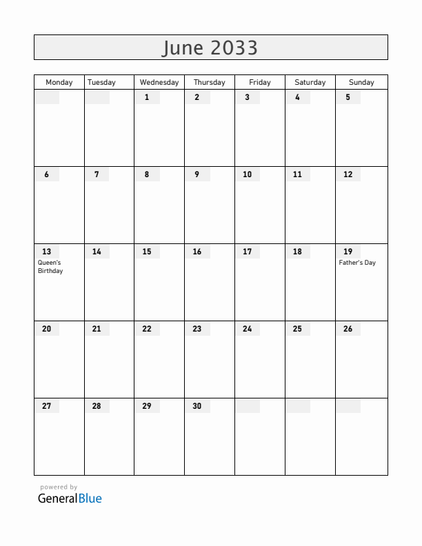 Gibraltar June 2033 Calendar with Holidays