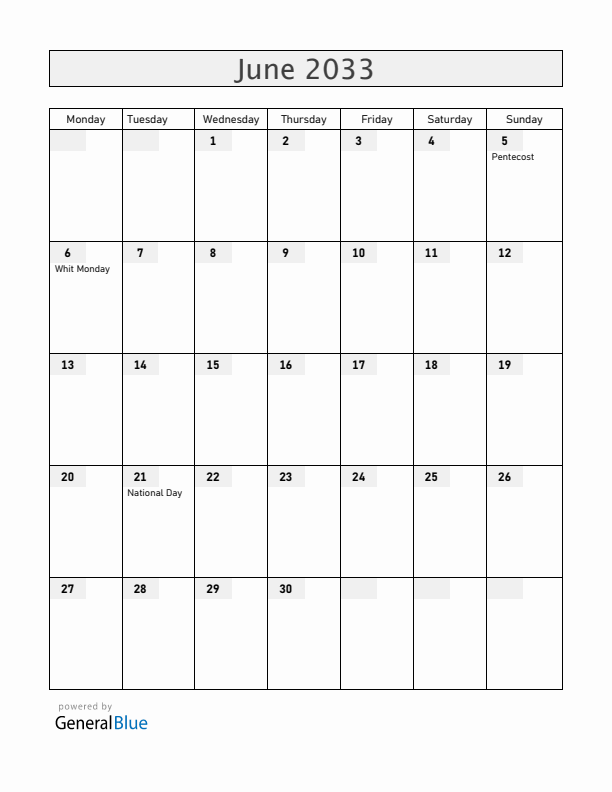 Greenland June 2033 Calendar with Holidays