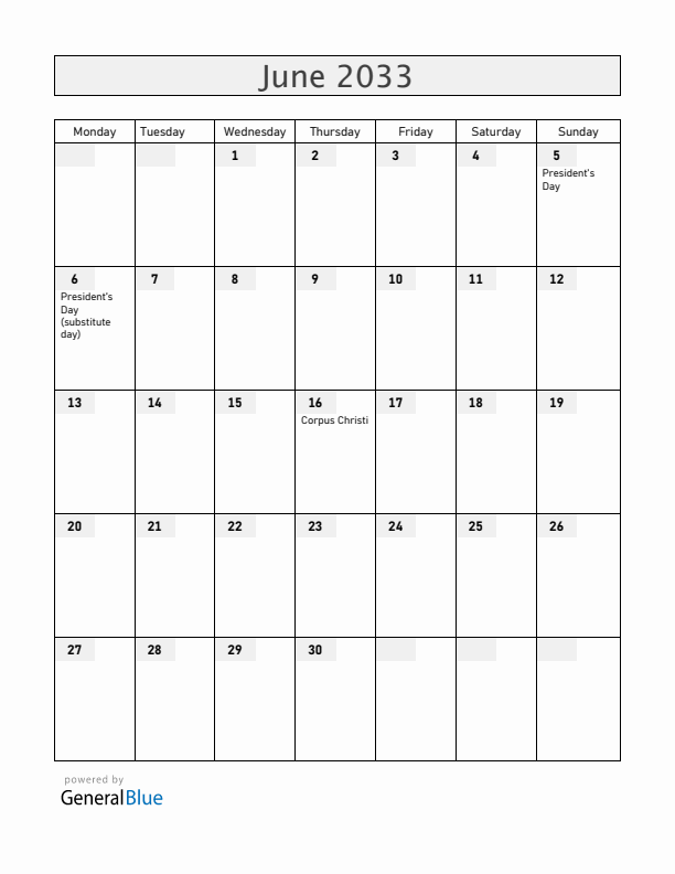 Equatorial Guinea June 2033 Calendar with Holidays