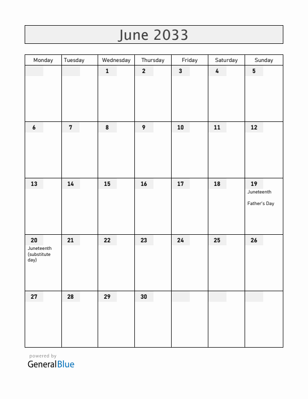 Guam June 2033 Calendar with Holidays