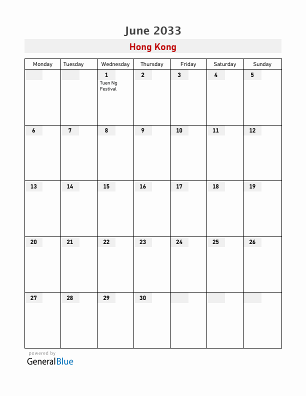 Hong Kong June 2033 Calendar with Holidays