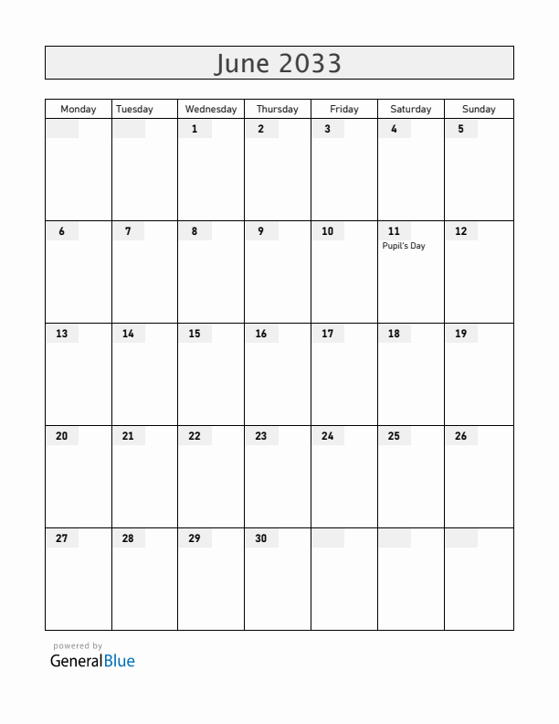 Honduras June 2033 Calendar with Holidays