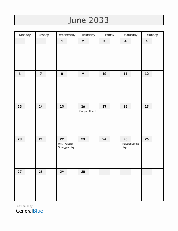Croatia June 2033 Calendar with Holidays