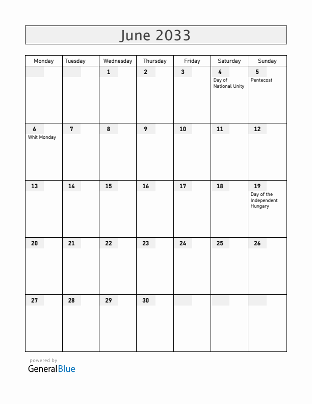 Hungary June 2033 Calendar with Holidays