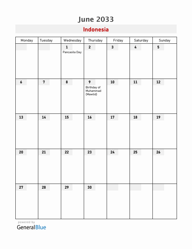 Indonesia June 2033 Calendar with Holidays