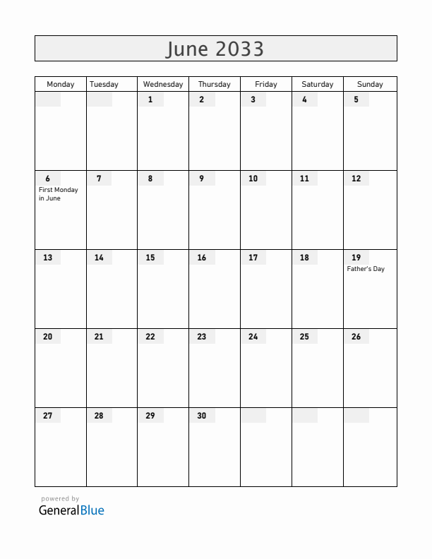 Ireland June 2033 Calendar with Holidays