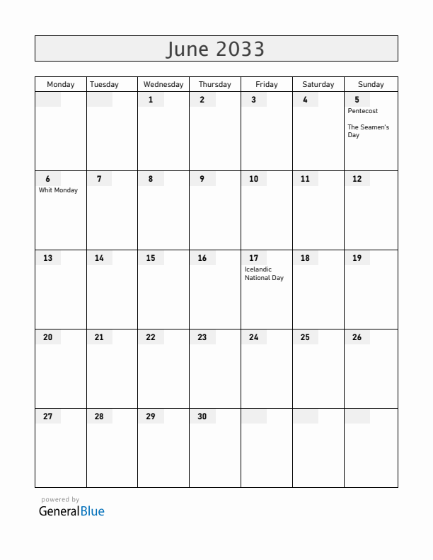 Iceland June 2033 Calendar with Holidays