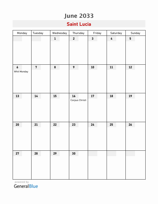Saint Lucia June 2033 Calendar with Holidays