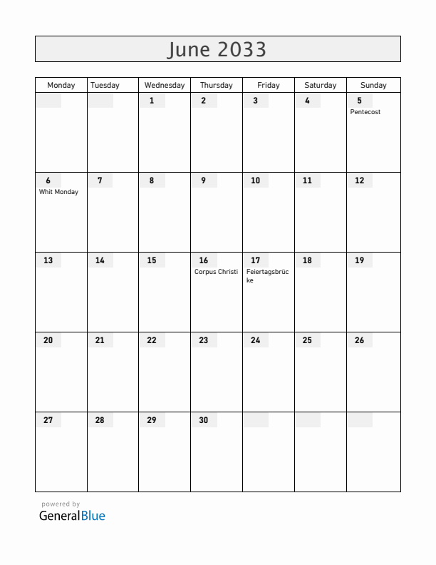 Liechtenstein June 2033 Calendar with Holidays