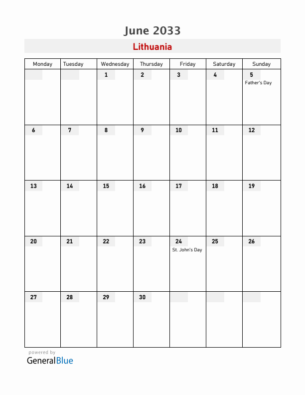 Lithuania June 2033 Calendar with Holidays