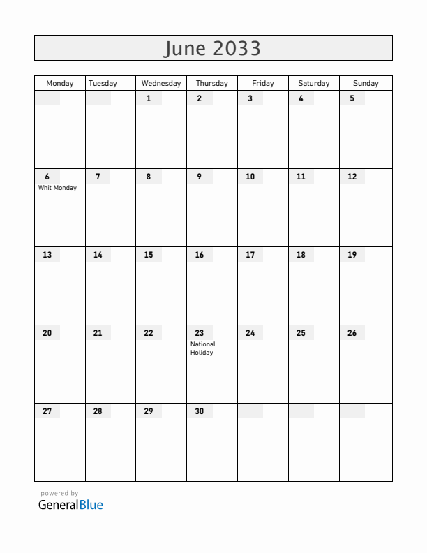 Luxembourg June 2033 Calendar with Holidays