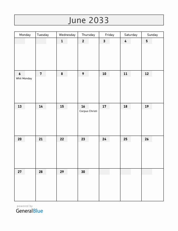 Monaco June 2033 Calendar with Holidays
