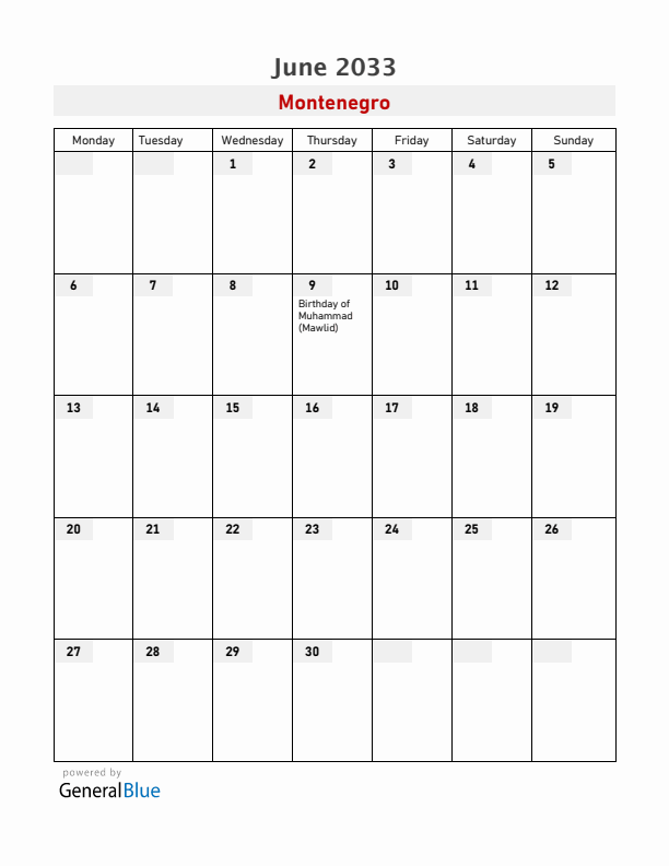 Montenegro June 2033 Calendar with Holidays