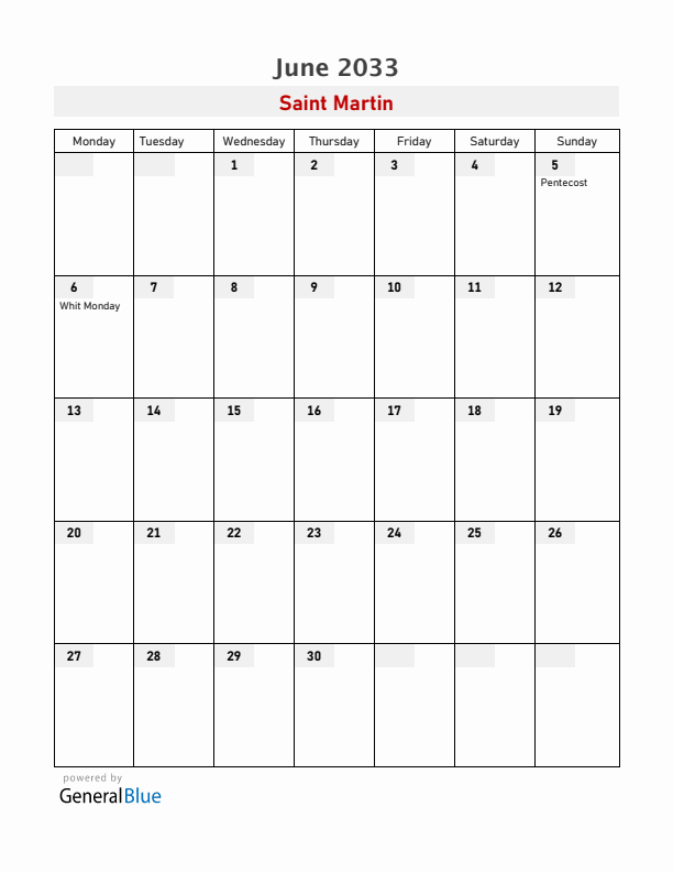 Saint Martin June 2033 Calendar with Holidays