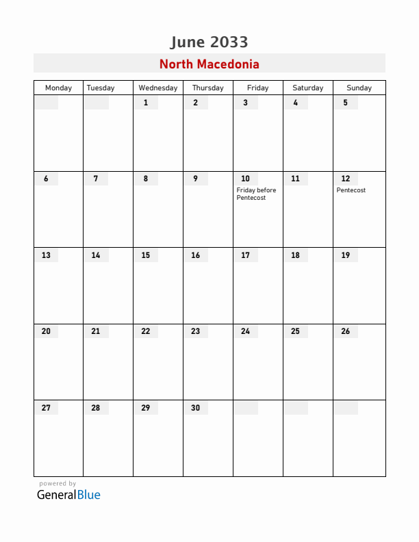 North Macedonia June 2033 Calendar with Holidays