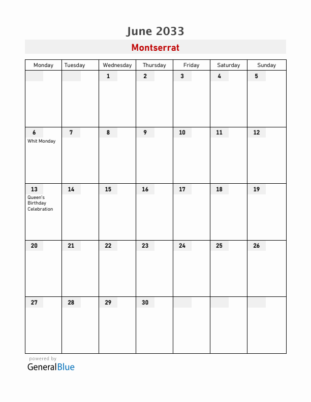 Montserrat June 2033 Calendar with Holidays
