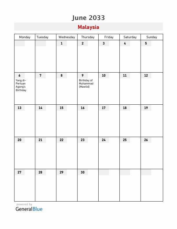 Malaysia June 2033 Calendar with Holidays