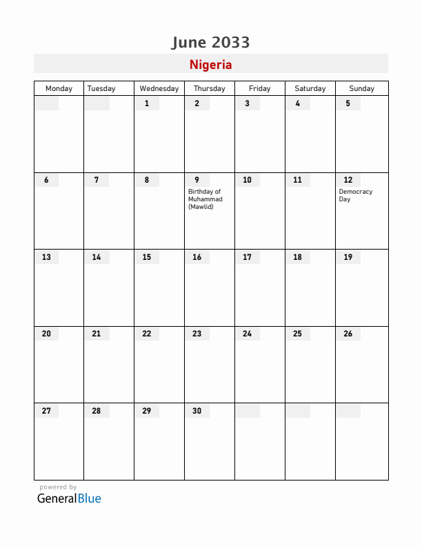 Nigeria June 2033 Calendar with Holidays