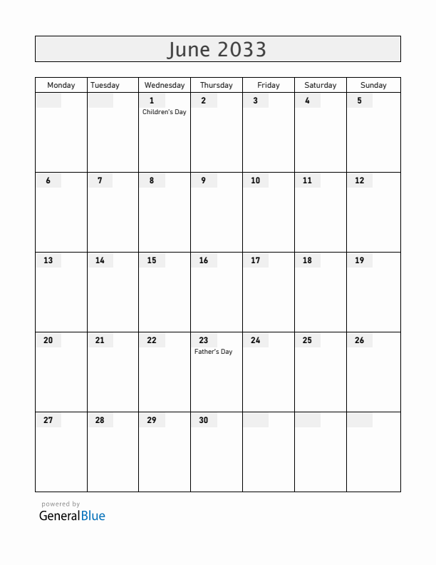 Nicaragua June 2033 Calendar with Holidays
