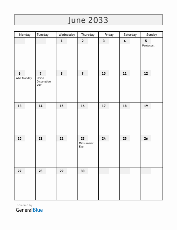 Norway June 2033 Calendar with Holidays