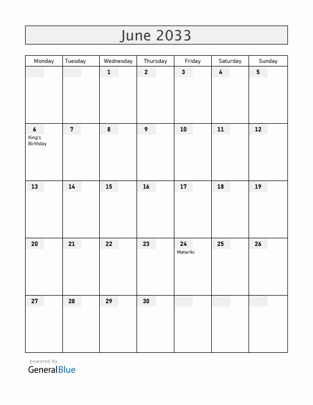 New Zealand June 2033 Calendar with Holidays