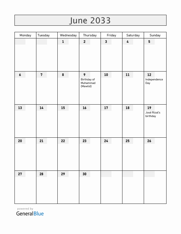 Philippines June 2033 Calendar with Holidays