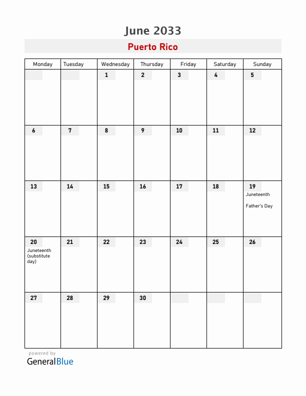 Puerto Rico June 2033 Calendar with Holidays