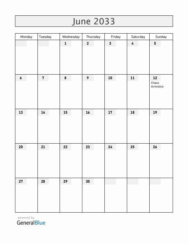 Paraguay June 2033 Calendar with Holidays
