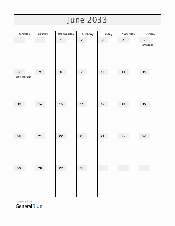 Reunion June 2033 Calendar with Holidays