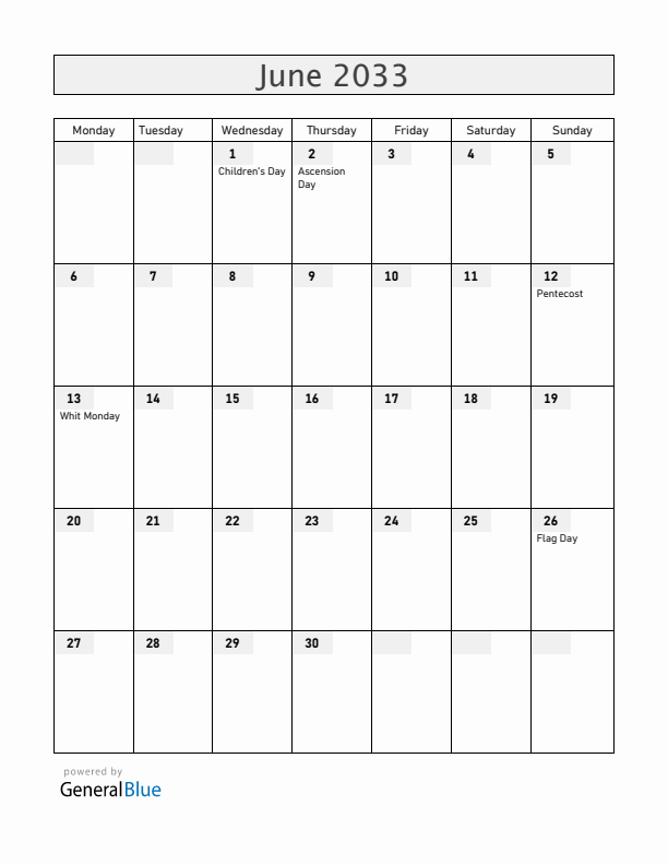 Romania June 2033 Calendar with Holidays
