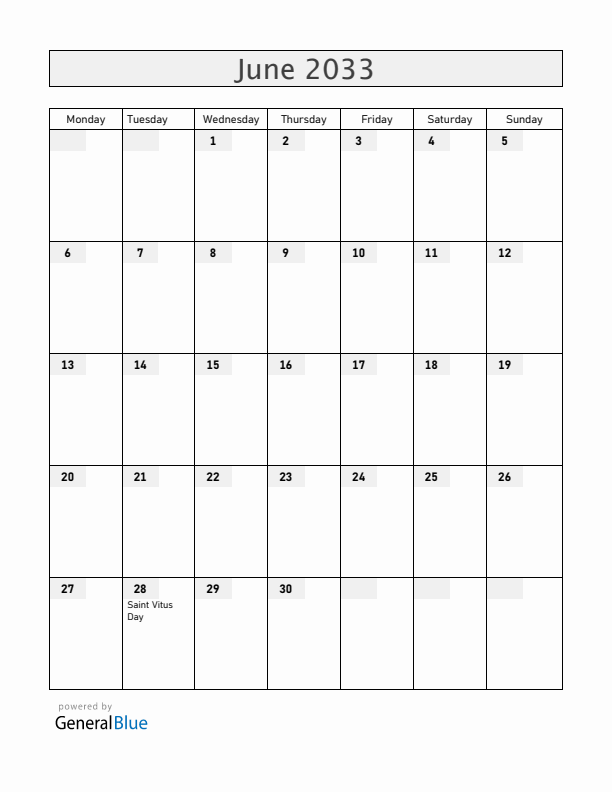 Serbia June 2033 Calendar with Holidays