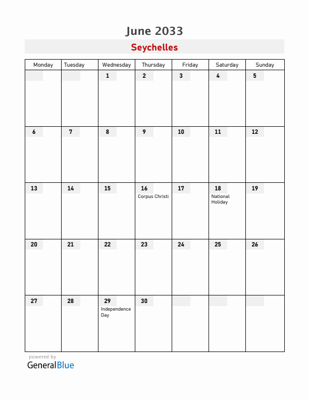 Seychelles June 2033 Calendar with Holidays
