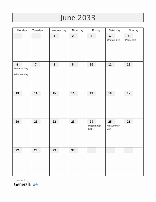 Sweden June 2033 Calendar with Holidays