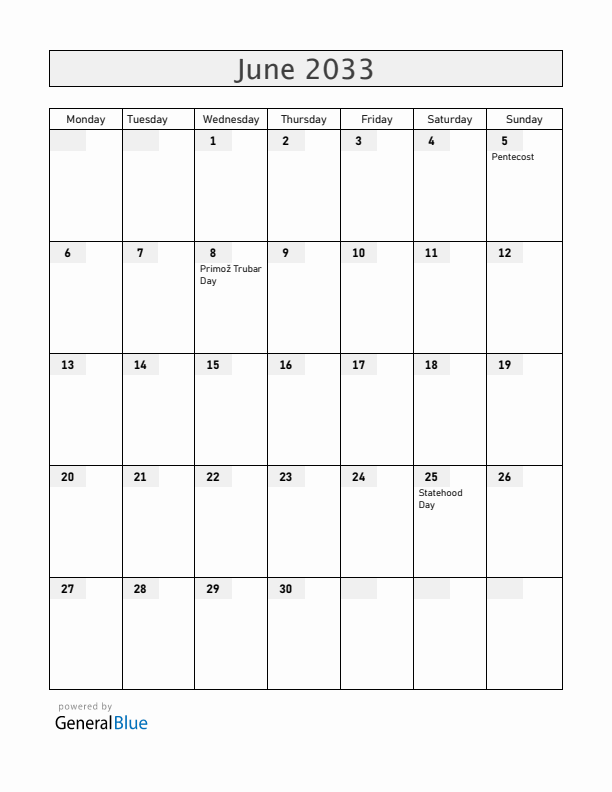 Slovenia June 2033 Calendar with Holidays