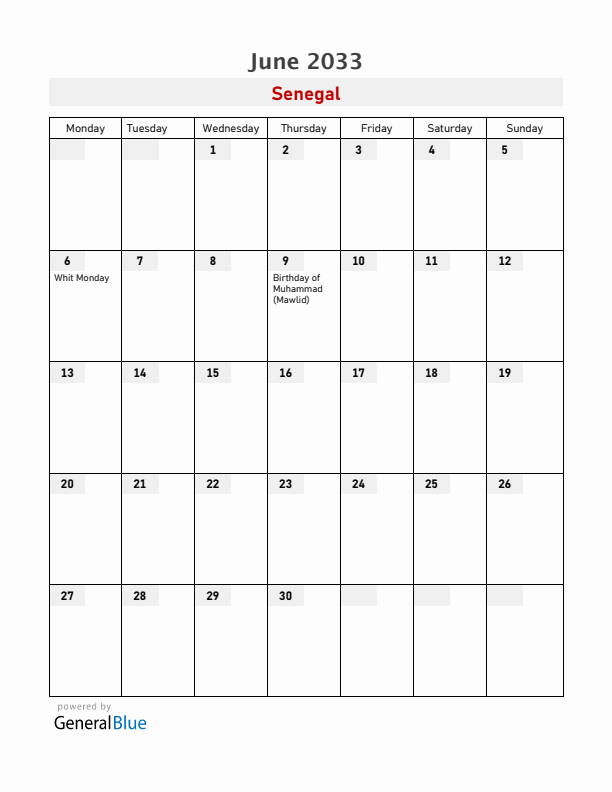 Senegal June 2033 Calendar with Holidays