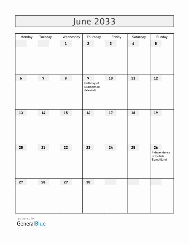 Somalia June 2033 Calendar with Holidays