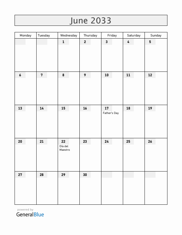 El Salvador June 2033 Calendar with Holidays