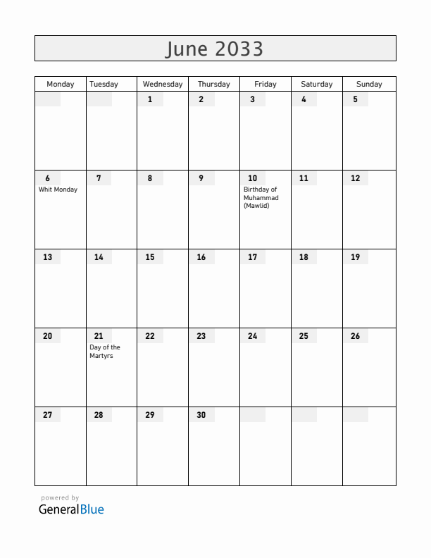 Togo June 2033 Calendar with Holidays