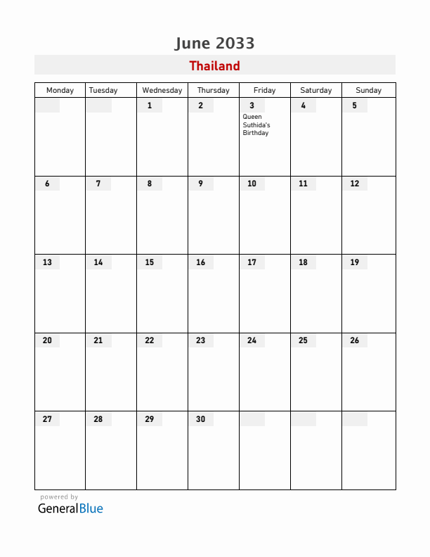 Thailand June 2033 Calendar with Holidays