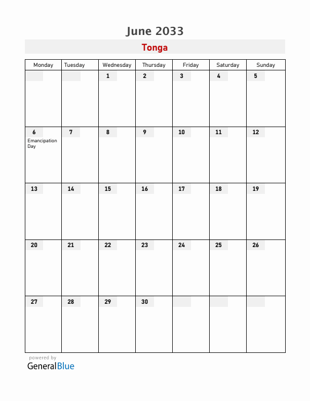 Tonga June 2033 Calendar with Holidays