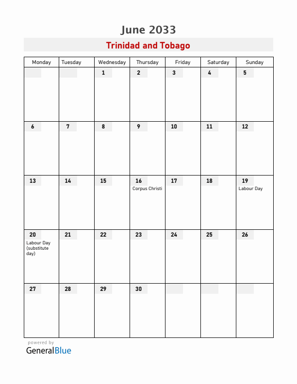Trinidad and Tobago June 2033 Calendar with Holidays