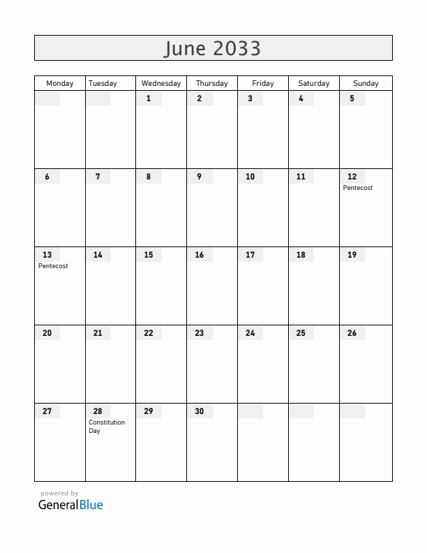 Ukraine June 2033 Calendar with Holidays