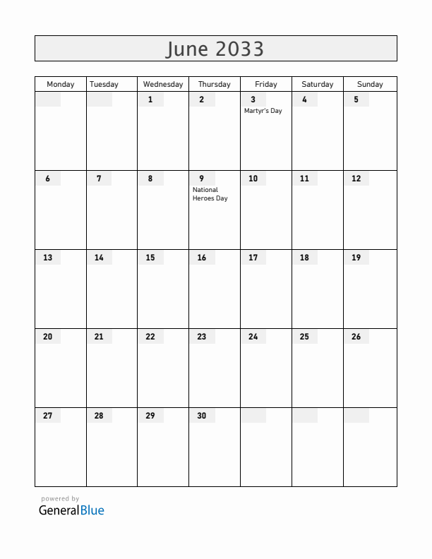 Uganda June 2033 Calendar with Holidays