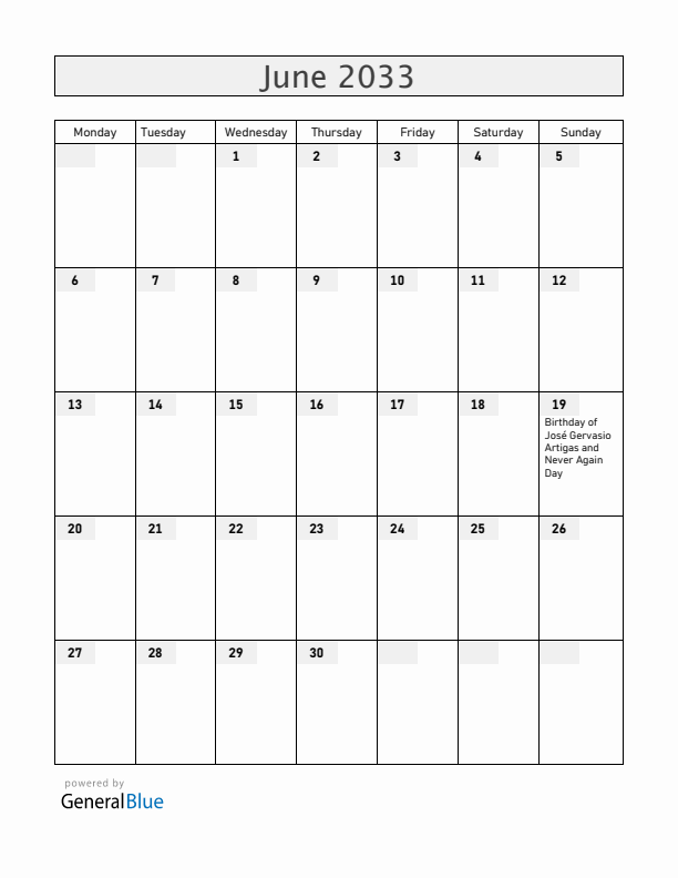 Uruguay June 2033 Calendar with Holidays