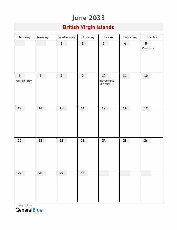 British Virgin Islands June 2033 Calendar with Holidays