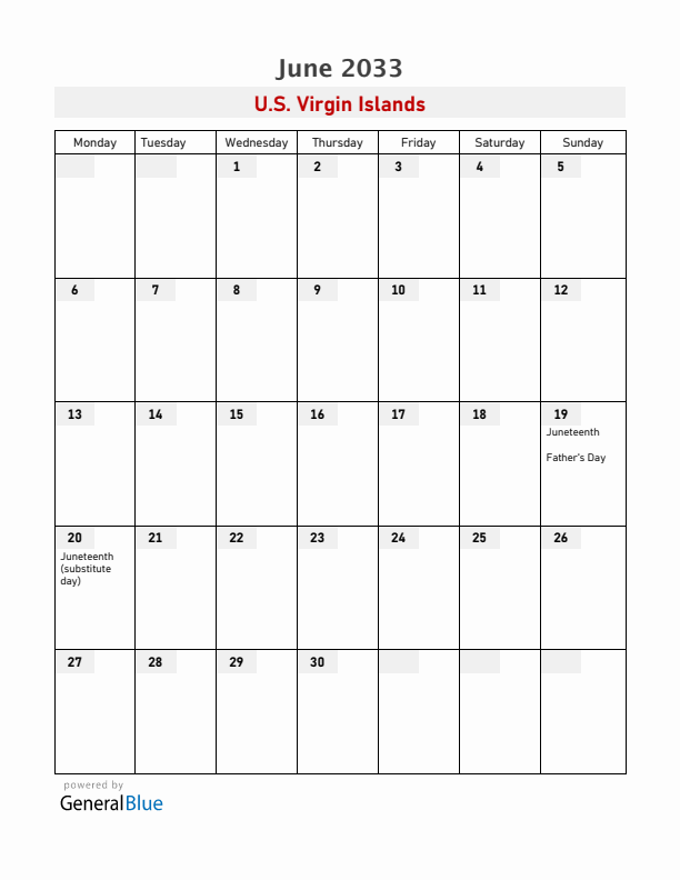 U.S. Virgin Islands June 2033 Calendar with Holidays