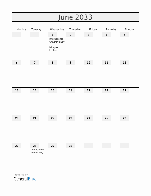 Vietnam June 2033 Calendar with Holidays