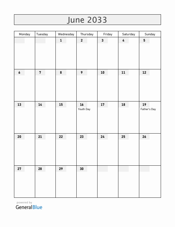 South Africa June 2033 Calendar with Holidays