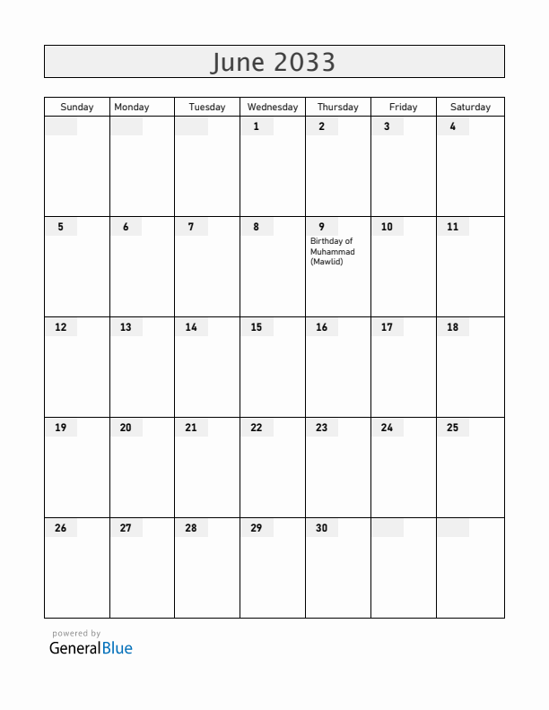 United Arab Emirates June 2033 Calendar with Holidays